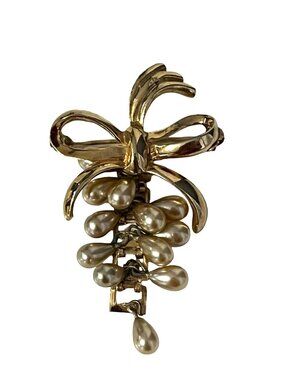 Vintage Faux Pearl Dangle Brooch Gold Tone Bow Ribbon Drop Pin 2”